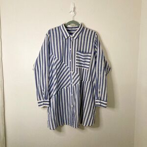 Studio 1886 Womens 1X Blue White Striped Oversized Tunic Shirt Pocket 18W-20W